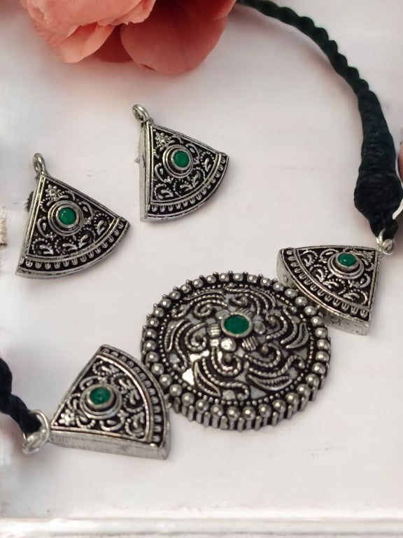 GREEN KARALI GERMAN SILVER JEWELLERY SET