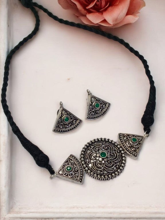 GREEN KARALI GERMAN SILVER JEWELLERY SET