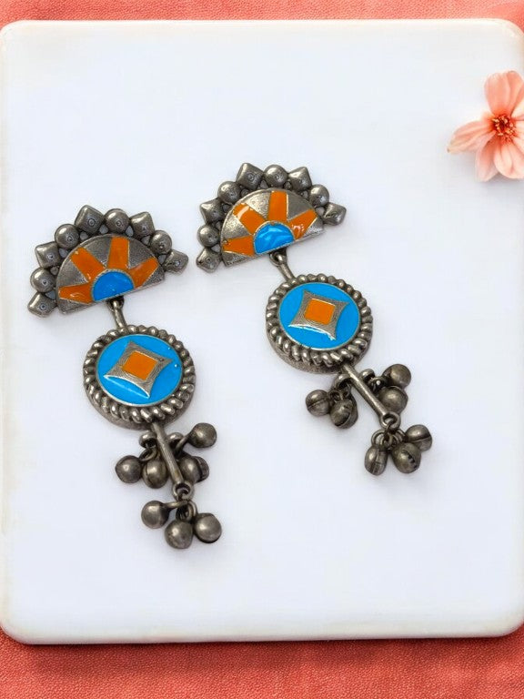 SKY BLUE AND ORANGE VEDYAA GERMAN SILVER EARRINGS