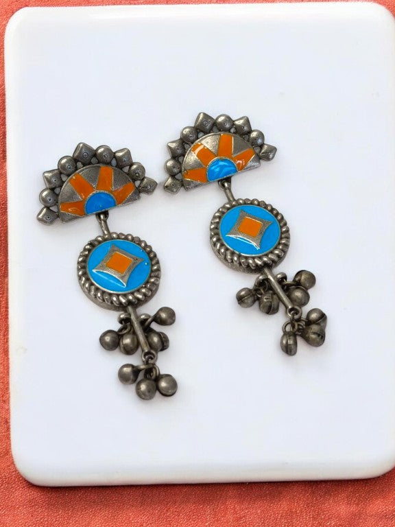 SKY BLUE AND ORANGE VEDYAA GERMAN SILVER EARRINGS