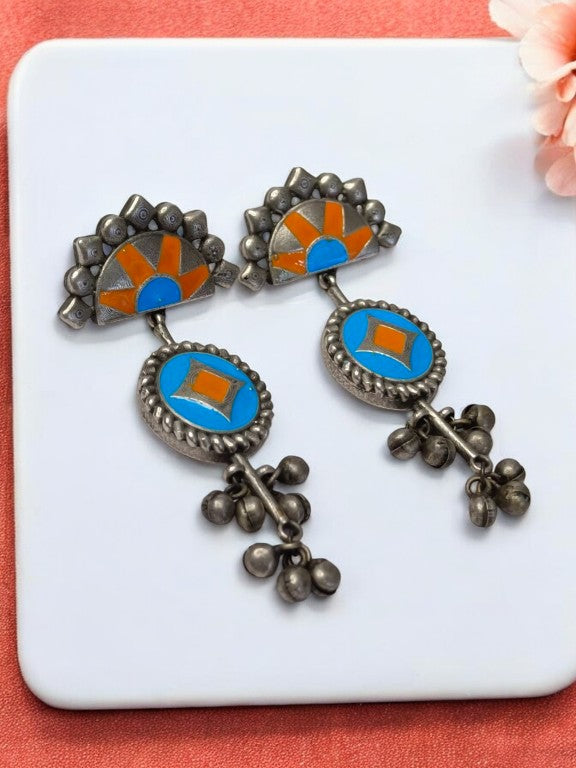 SKY BLUE AND ORANGE VEDYAA GERMAN SILVER EARRINGS