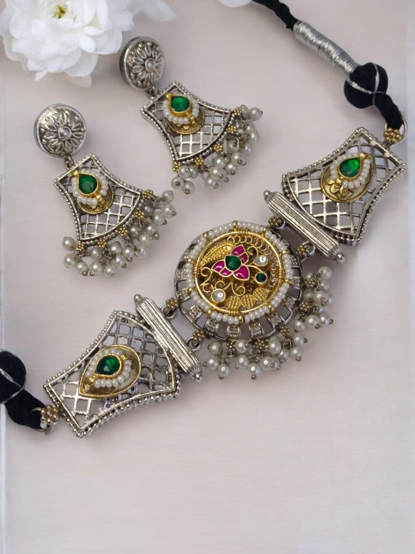 GREEN AND PINK AARIVA GERMAN SILVER JEWELLERY SET