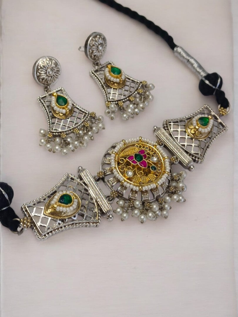 GREEN AND PINK AARIVA GERMAN SILVER JEWELLERY SET