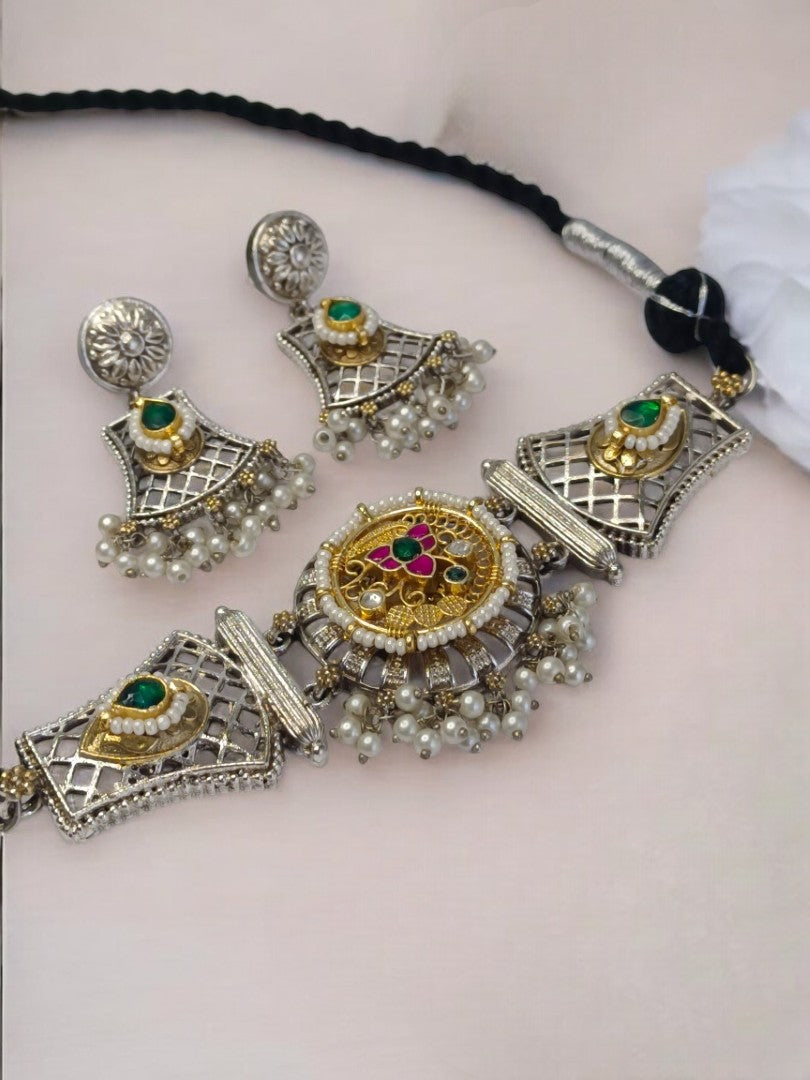 GREEN AND PINK AARIVA GERMAN SILVER JEWELLERY SET