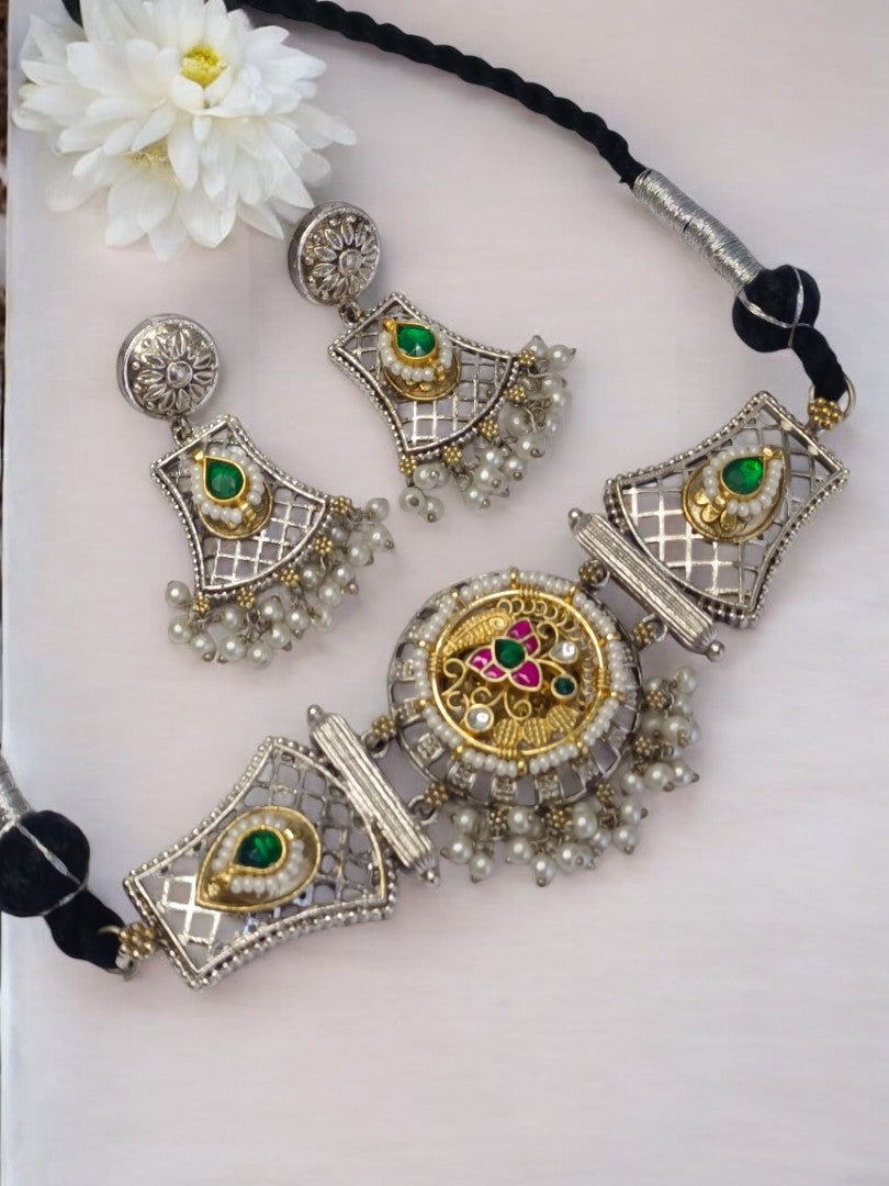 GREEN AND PINK AARIVA GERMAN SILVER JEWELLERY SET