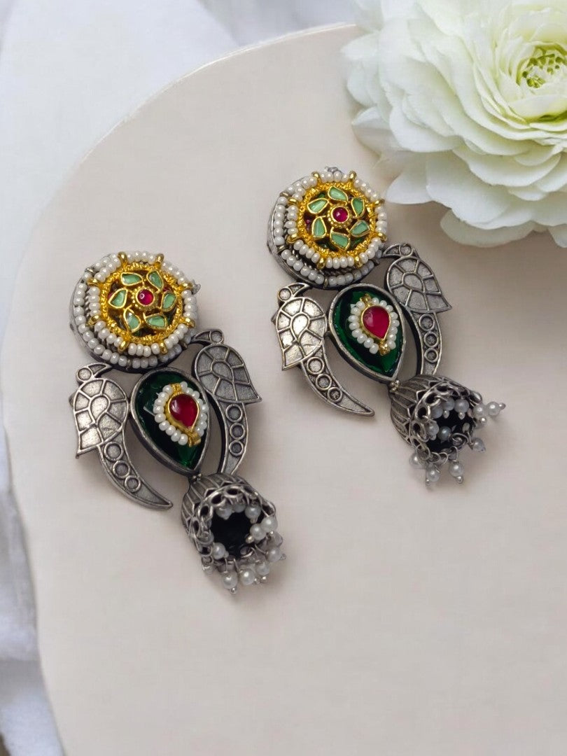 GREEN AND RUBY ADRINA GERMAN SILVER EARRINGS