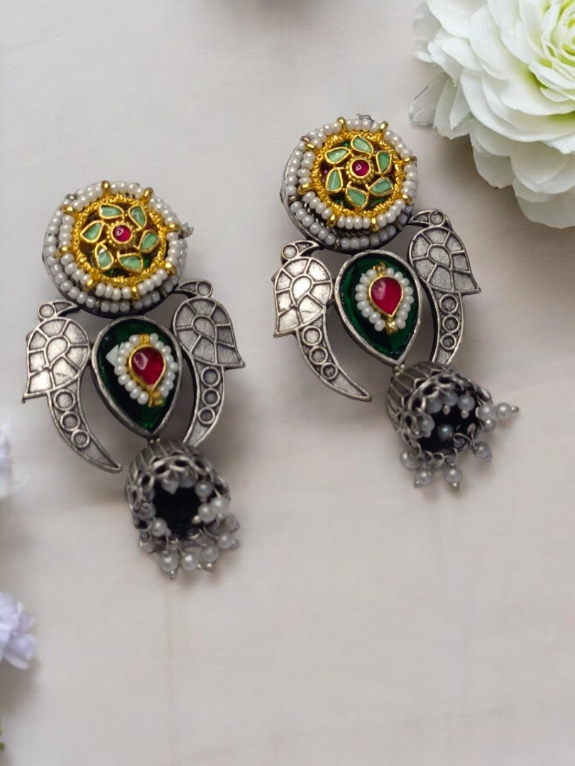 GREEN AND RUBY ADRINA GERMAN SILVER EARRINGS