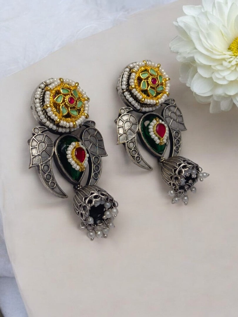 GREEN AND RUBY ADRINA GERMAN SILVER EARRINGS