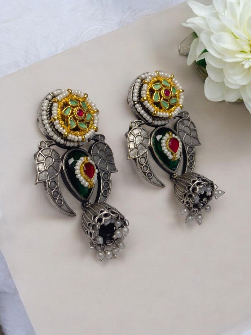 GREEN AND RUBY ADRINA GERMAN SILVER EARRINGS