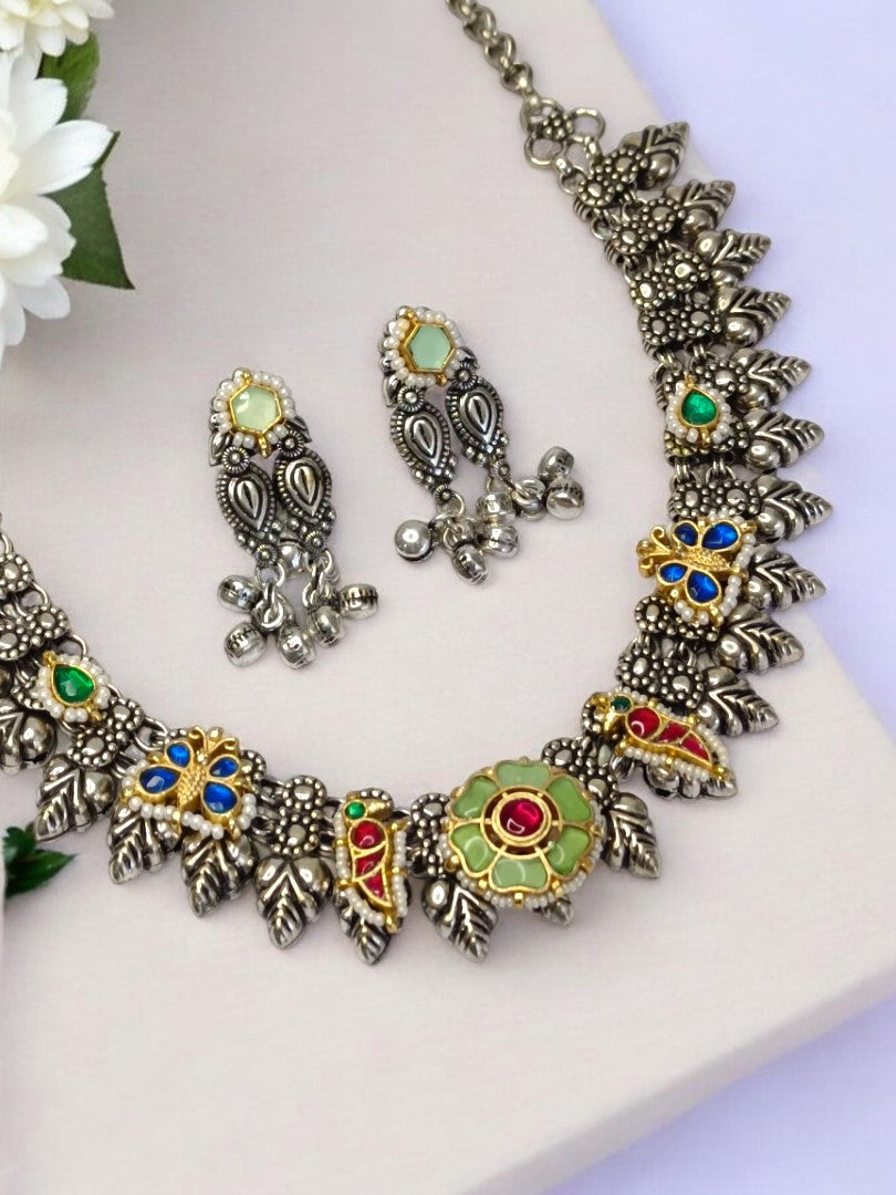 LIGHT GREEN NAKSHIKHA GERMAN SILVER JEWELLERY SET