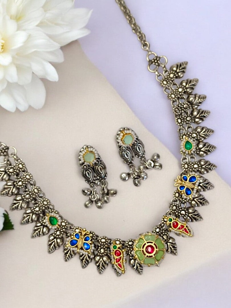 LIGHT GREEN NAKSHIKHA GERMAN SILVER JEWELLERY SET