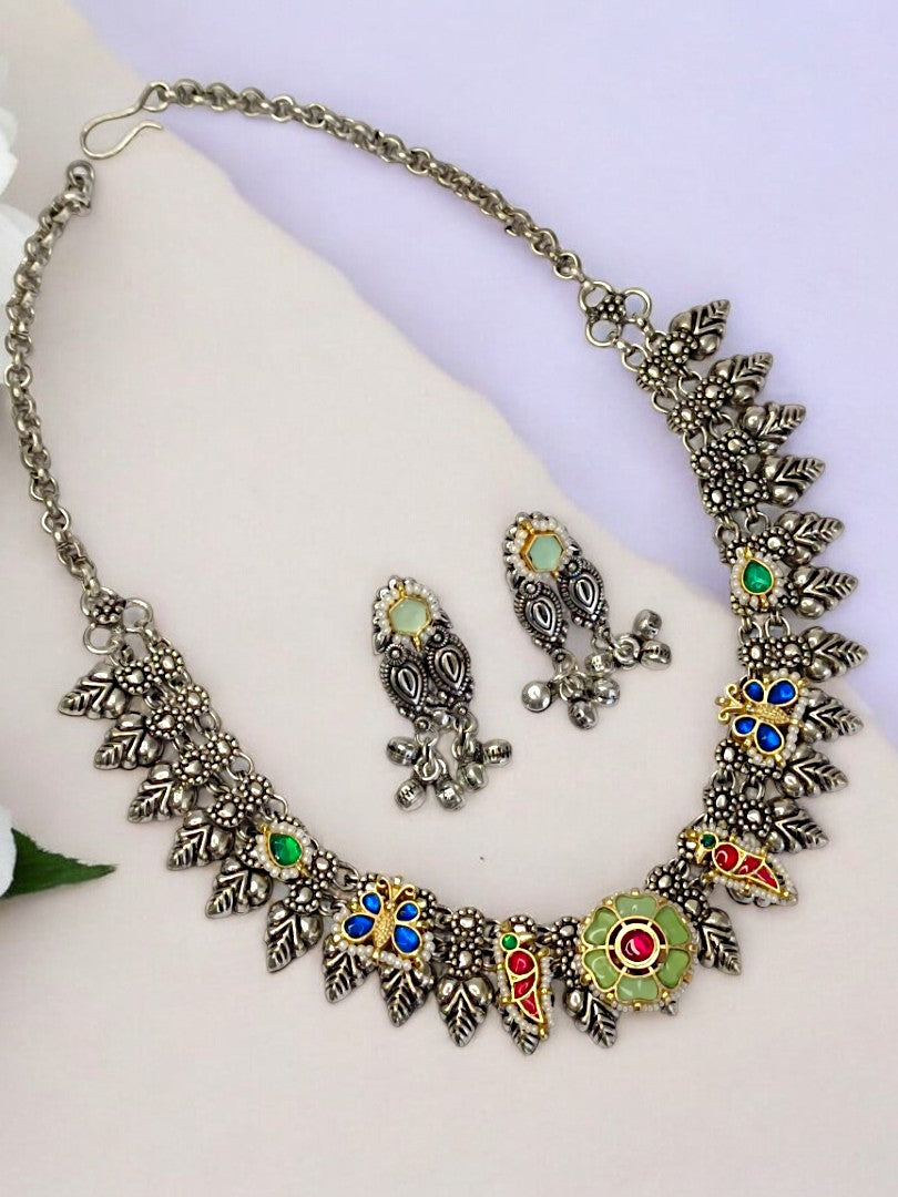 LIGHT GREEN NAKSHIKHA GERMAN SILVER JEWELLERY SET
