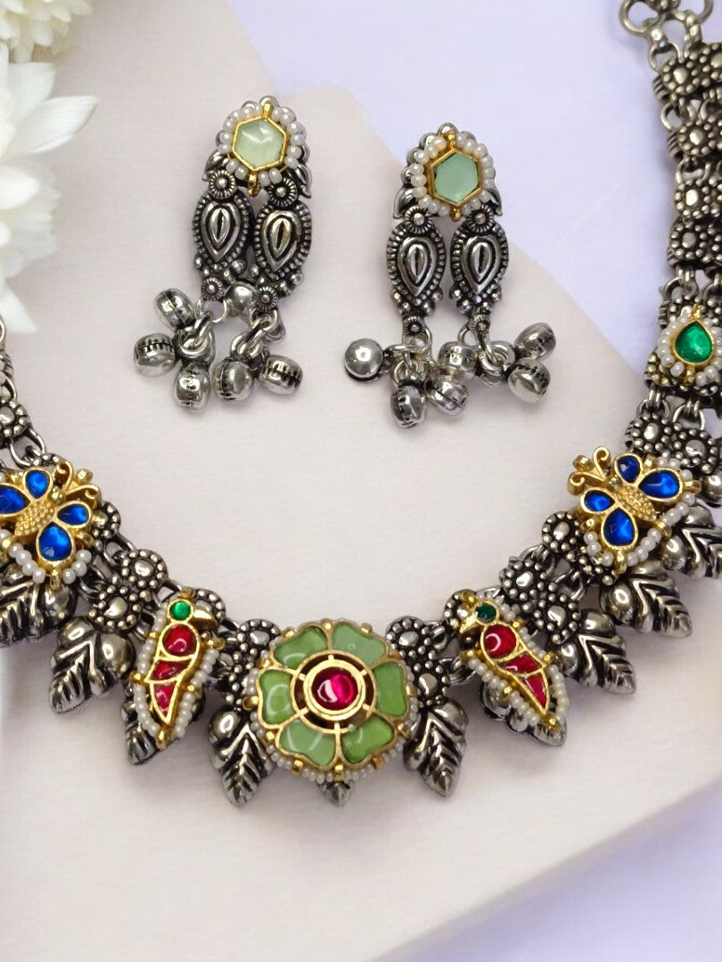 LIGHT GREEN NAKSHIKHA GERMAN SILVER JEWELLERY SET