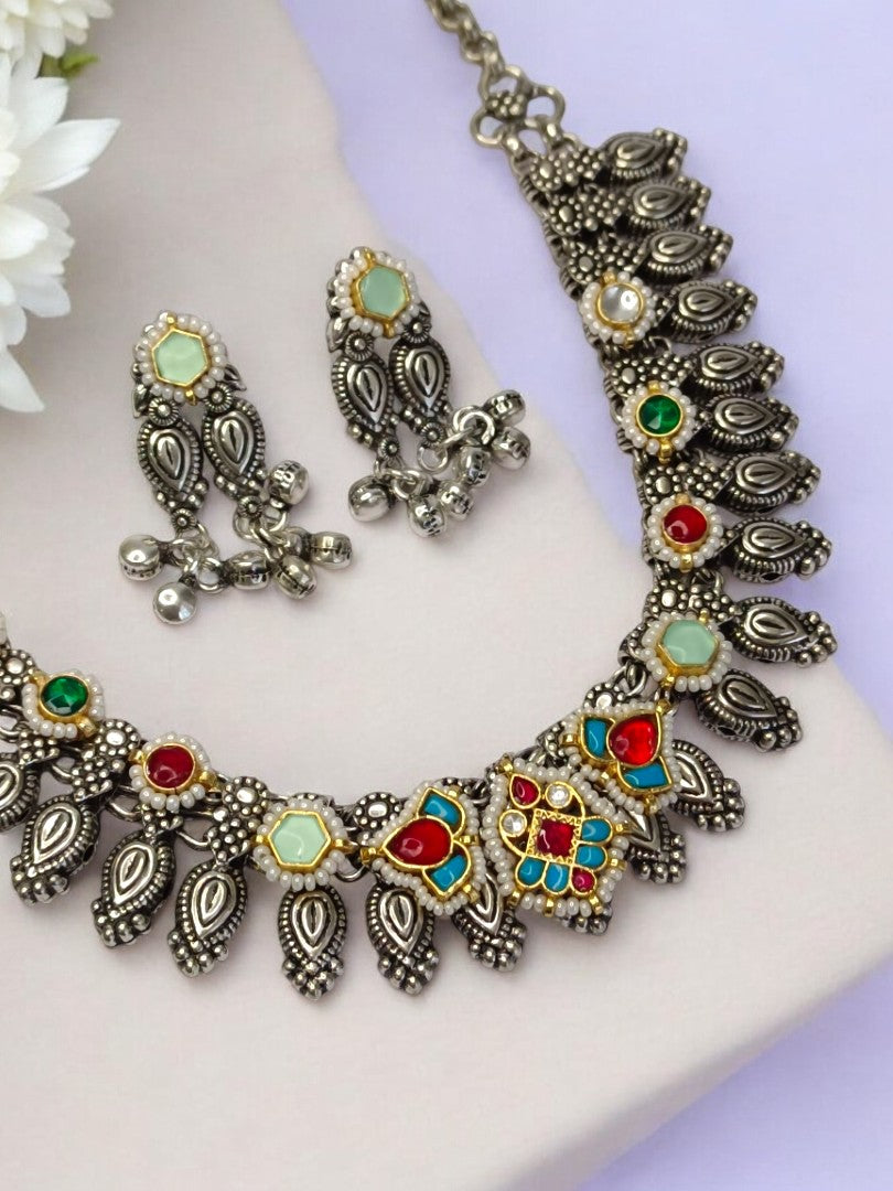 RUBY AND SKY BLUE LESHWINI GERMAN SILVER JEWELLERY SET