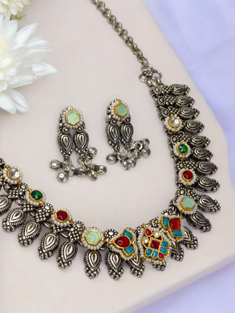 RUBY AND SKY BLUE LESHWINI GERMAN SILVER JEWELLERY SET