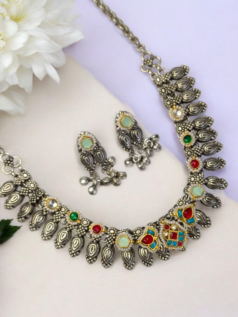 RUBY AND SKY BLUE LESHWINI GERMAN SILVER JEWELLERY SET
