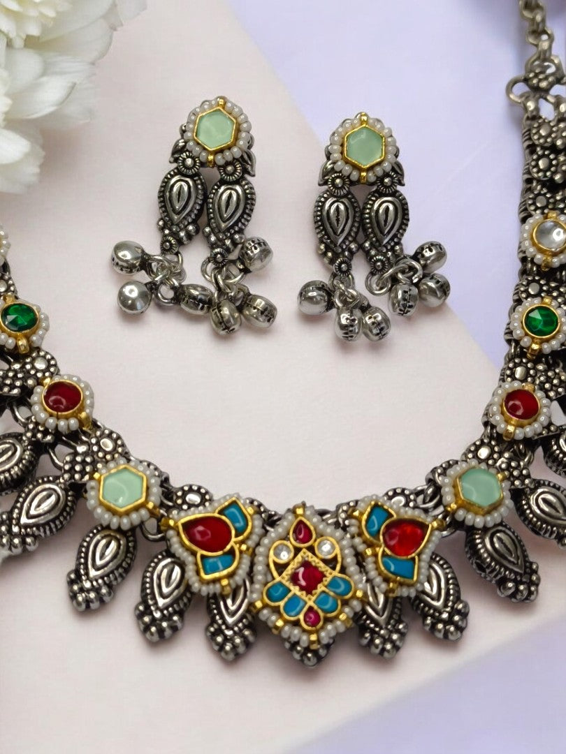 RUBY AND SKY BLUE LESHWINI GERMAN SILVER JEWELLERY SET