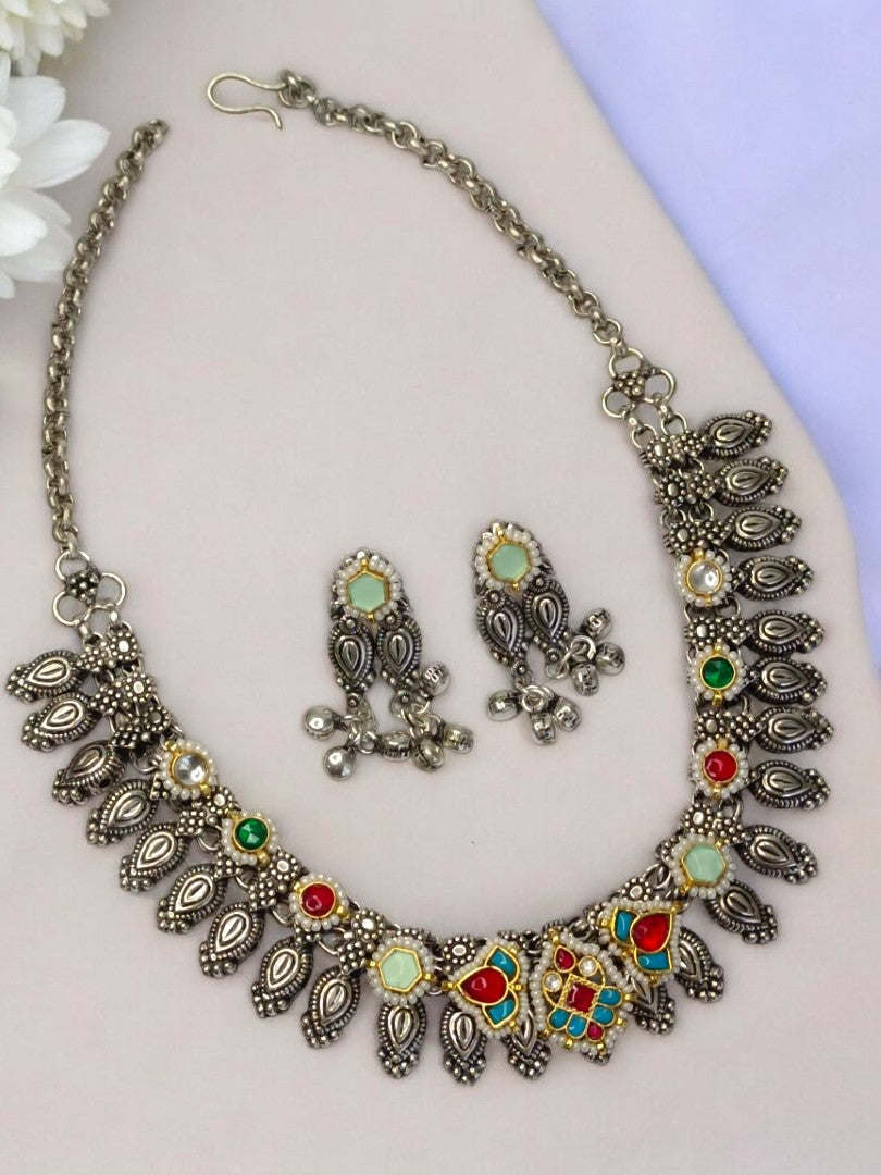 RUBY AND SKY BLUE LESHWINI GERMAN SILVER JEWELLERY SET