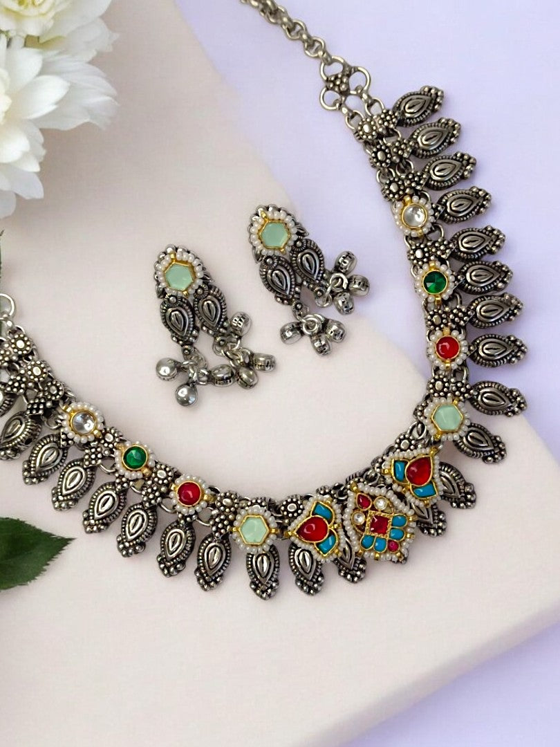 RUBY AND SKY BLUE LESHWINI GERMAN SILVER JEWELLERY SET