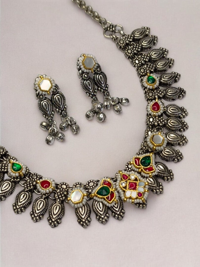 RUBY AND WHITE LESHWINI GERMAN SILVER JEWELLERY SET