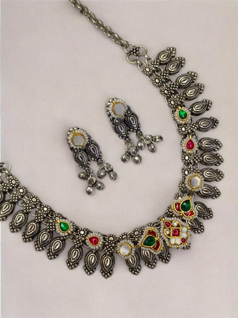 RUBY AND WHITE LESHWINI GERMAN SILVER JEWELLERY SET