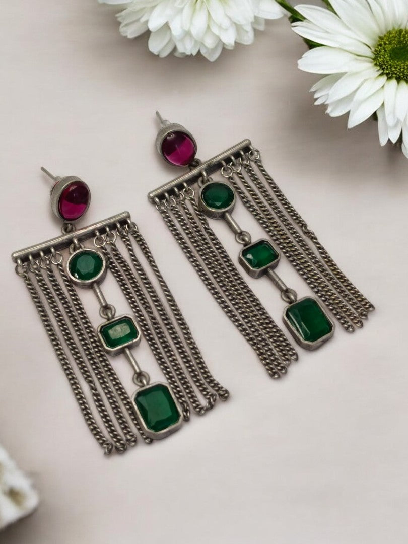 GREEN SASHEE GERMAN SILVER EARRINGS