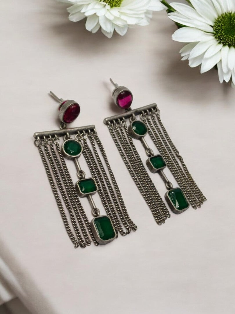 GREEN SASHEE GERMAN SILVER EARRINGS