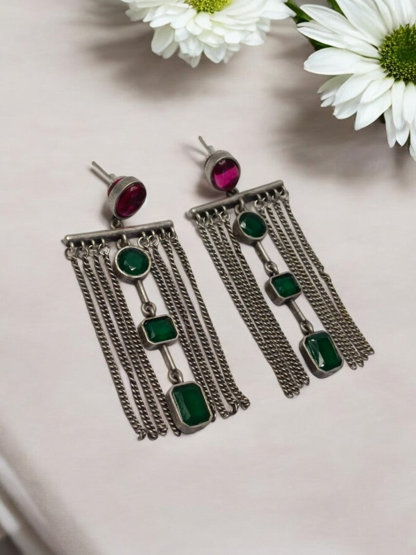 GREEN SASHEE GERMAN SILVER EARRINGS
