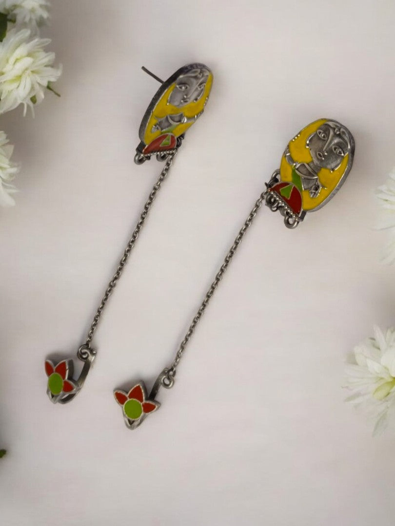 YELLOW WARLI SHRISHA GERMAN SILVER EARRINGS