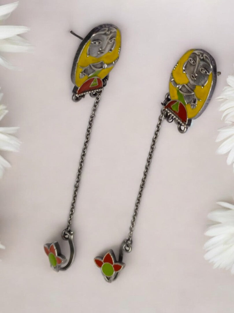 YELLOW WARLI SHRISHA GERMAN SILVER EARRINGS