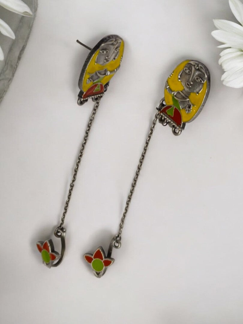 YELLOW WARLI SHRISHA GERMAN SILVER EARRINGS