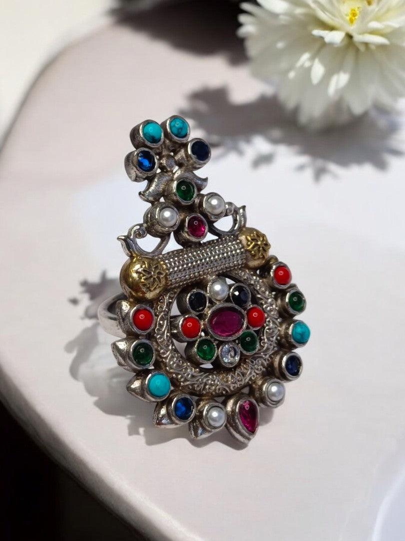 MULTI STONE BINI GERMAN SILVER RING