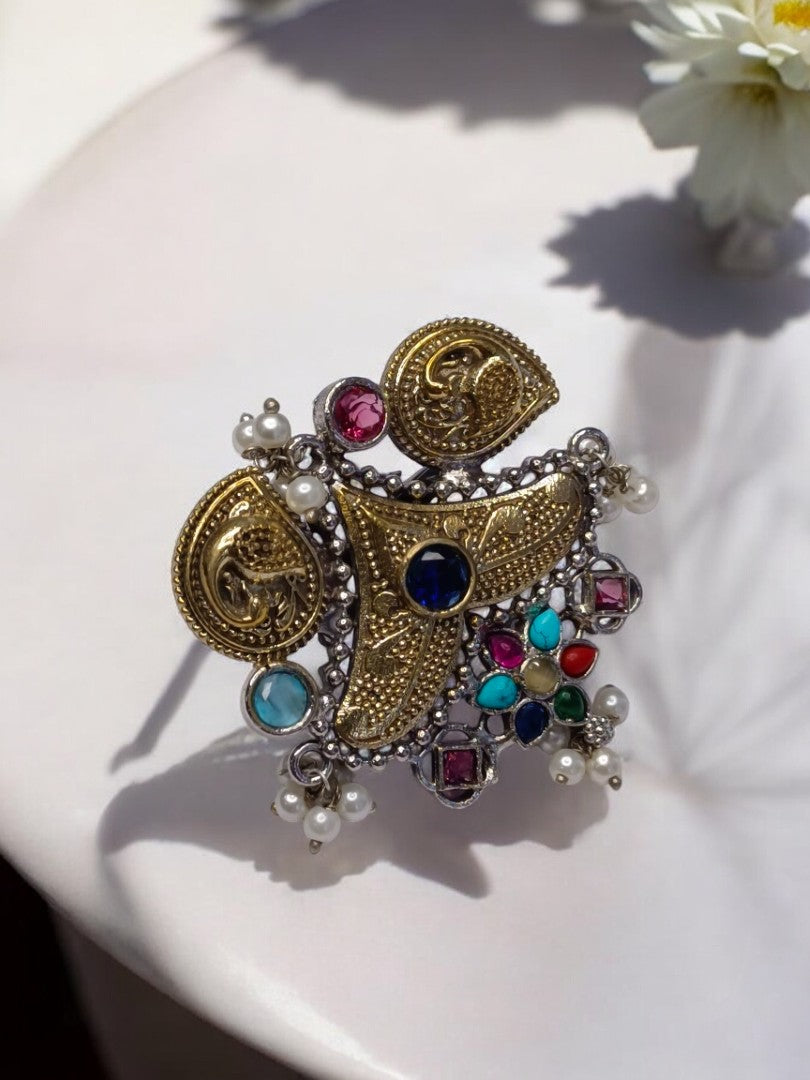 GOLDEN PEACOCK VARTHI GERMAN SILVER RING