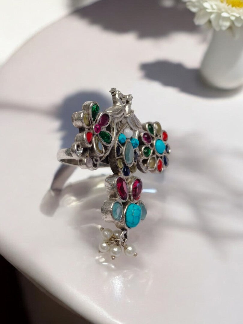 MULTI STONE PEACOCK LASA GERMAN SILVER RING