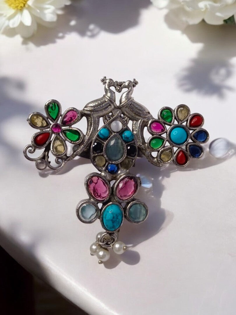 MULTI STONE PEACOCK LASA GERMAN SILVER RING