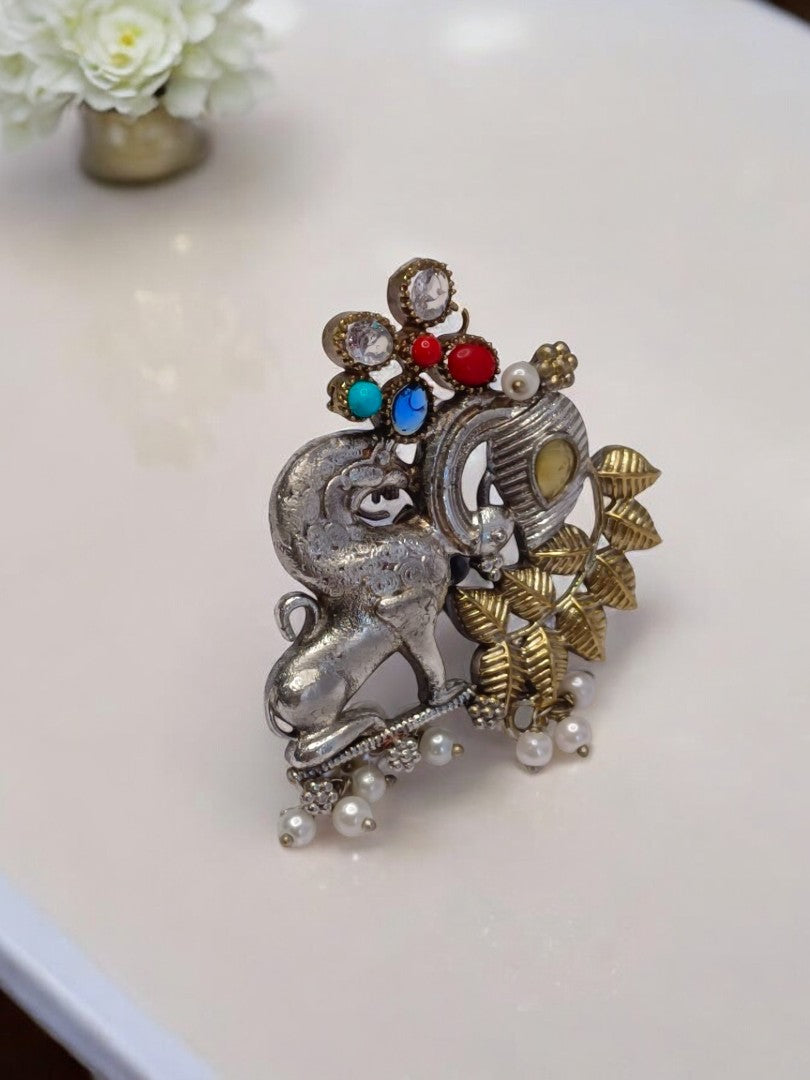 LION PEACOCK YAMU GERMAN SILVER RING