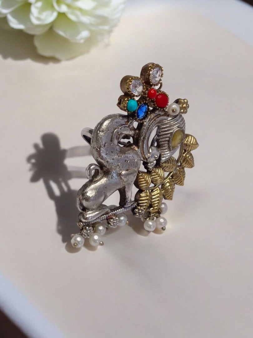 LION PEACOCK YAMU GERMAN SILVER RING