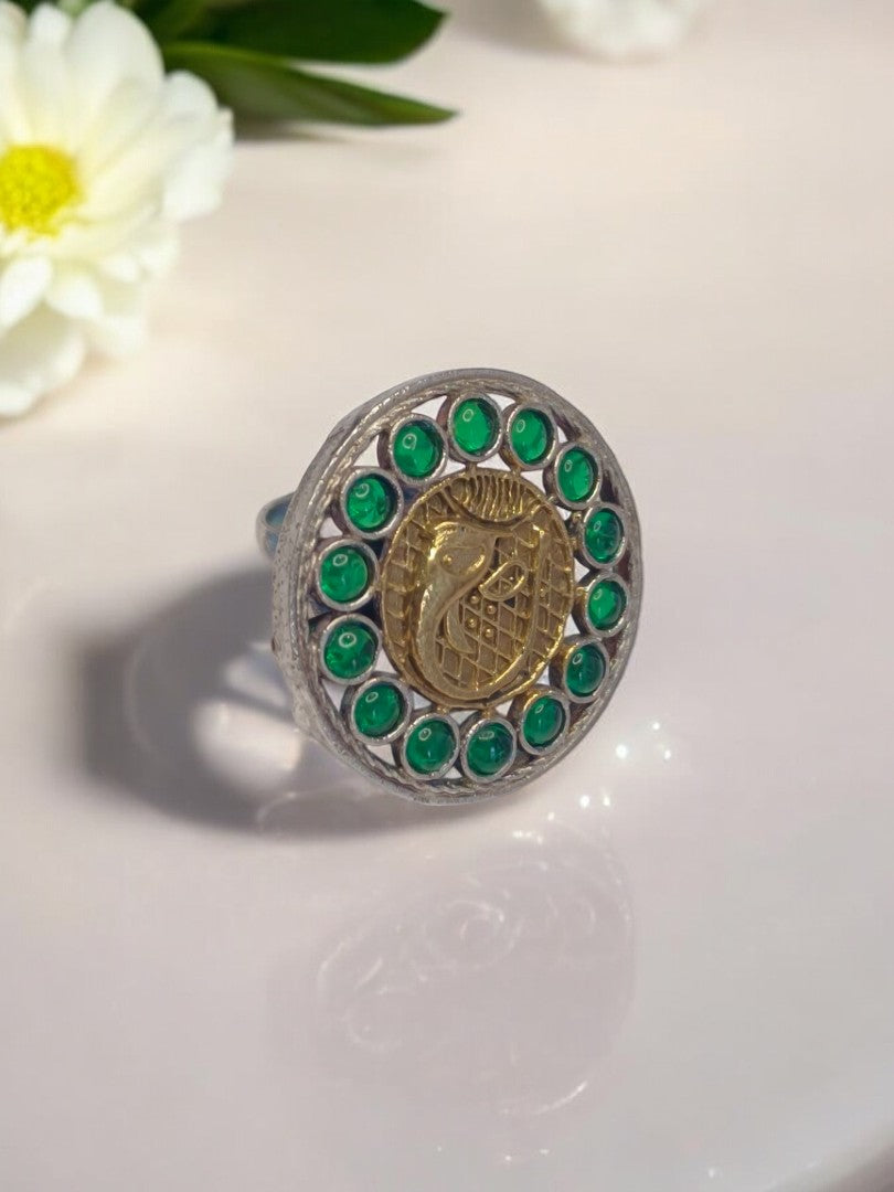 GREEN ROUND ANYA GERMAN SILVER RING