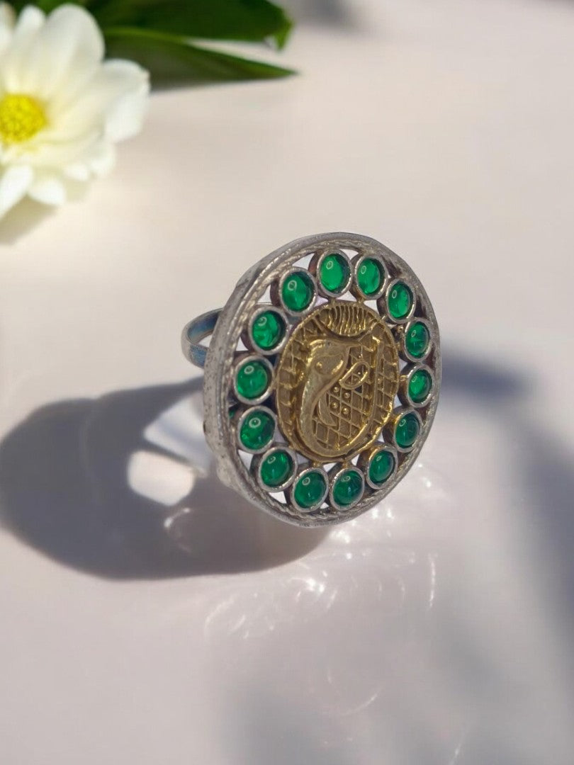 GREEN ROUND ANYA GERMAN SILVER RING