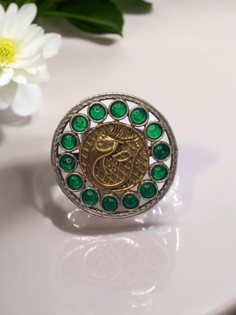 GREEN ROUND ANYA GERMAN SILVER RING
