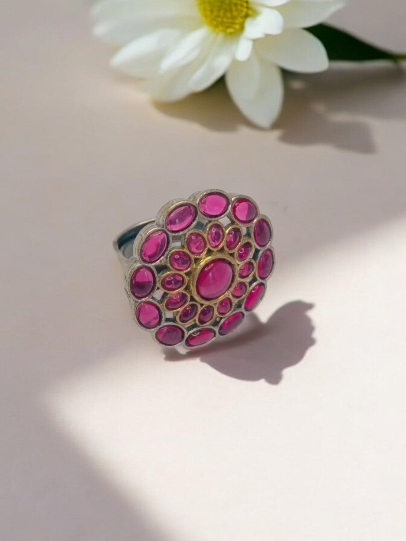 PINK ROUND NIKA GERMAN SILVER RING