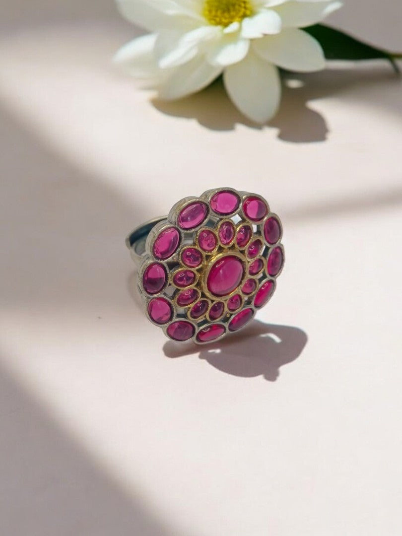 PINK ROUND NIKA GERMAN SILVER RING