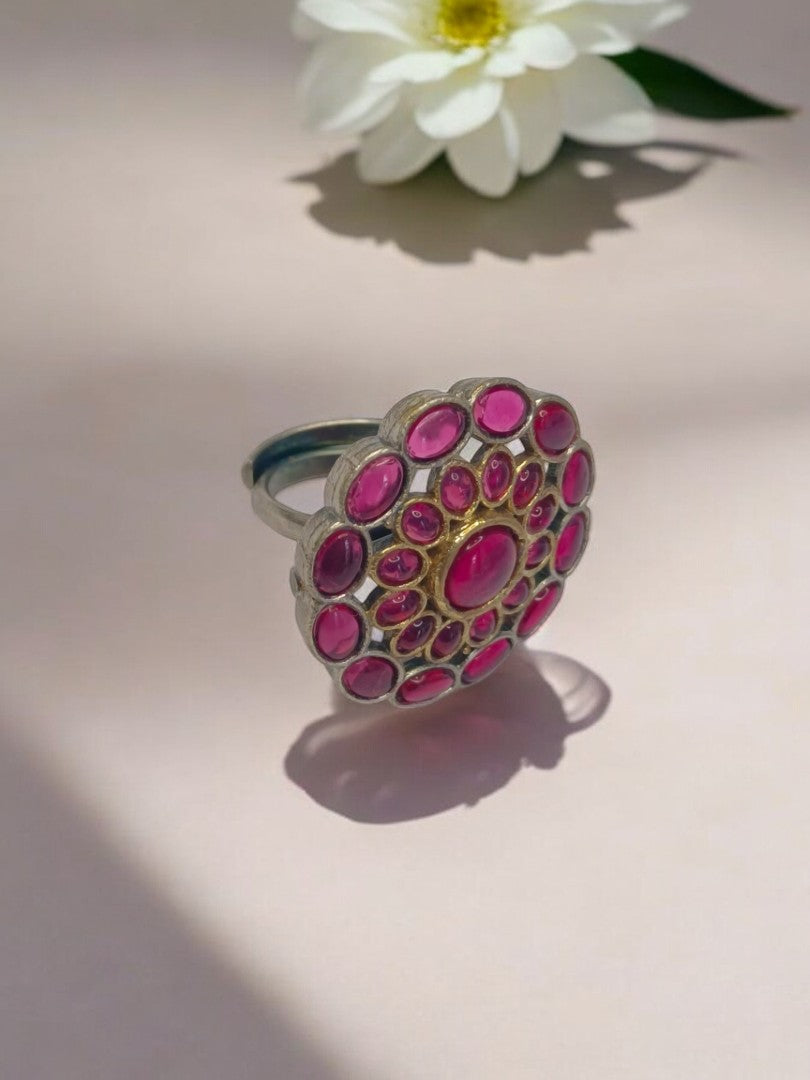 PINK ROUND NIKA GERMAN SILVER RING