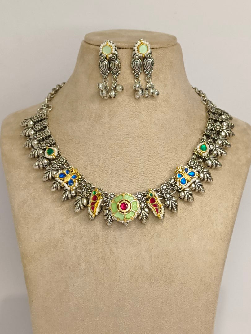LIGHT GREEN NAKSHIKHA GERMAN SILVER JEWELLERY SET