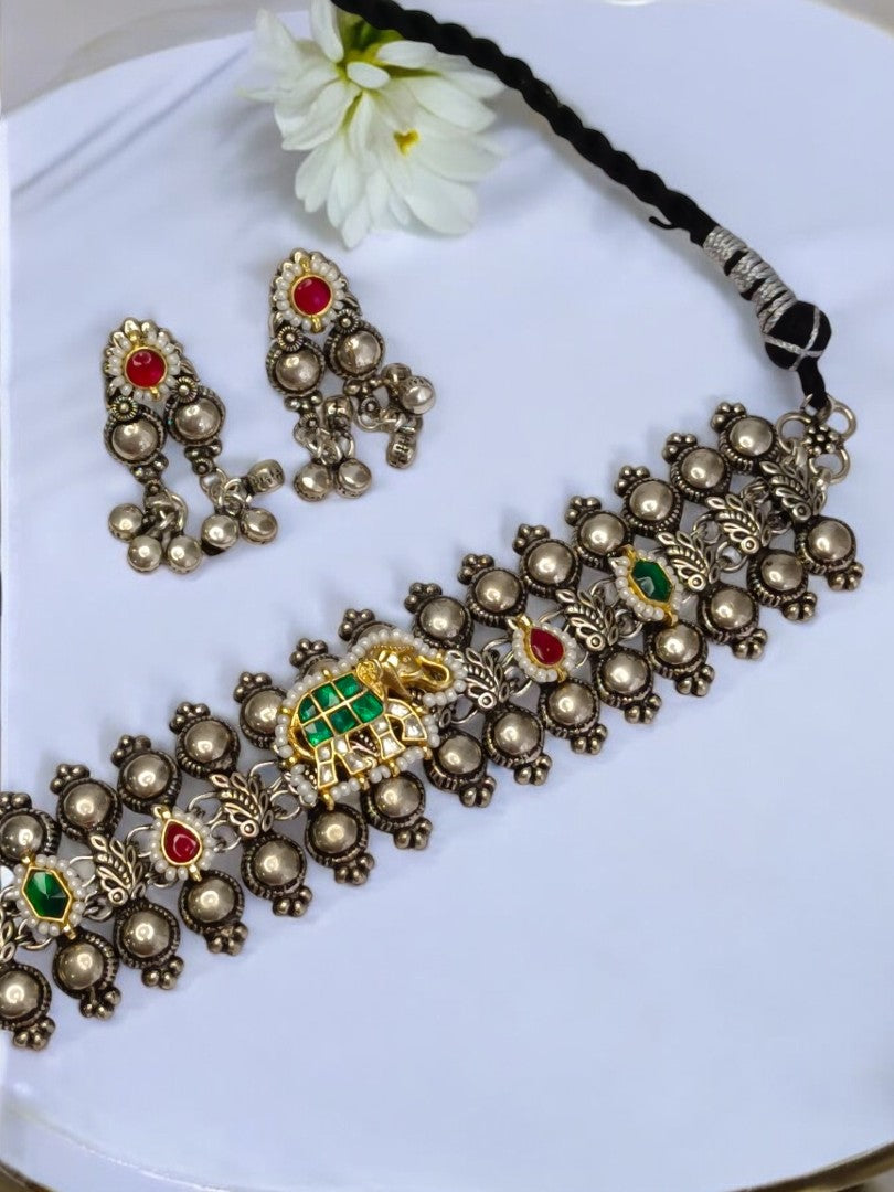 GREEN BHANULATA GERMAN SILVER JEWELLERY SET