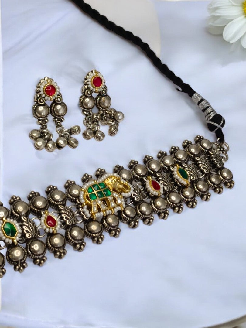 GREEN BHANULATA GERMAN SILVER JEWELLERY SET