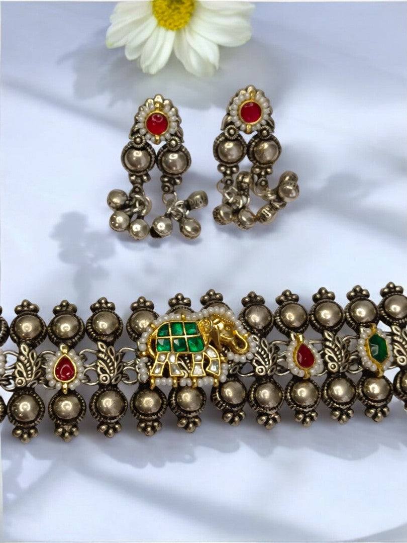 GREEN BHANULATA GERMAN SILVER JEWELLERY SET
