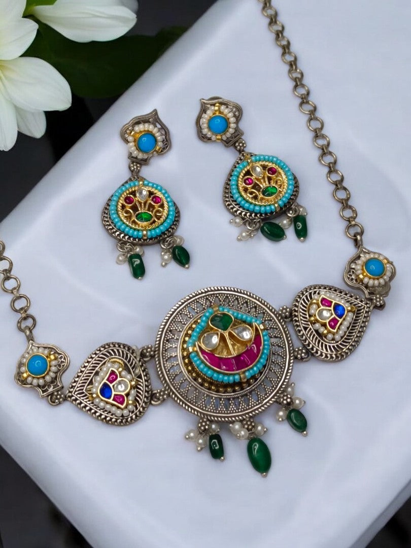 SKY BLUE AANANDITA GERMAN SILVER JEWELLERY SET