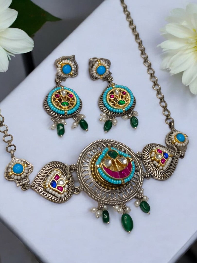 SKY BLUE AANANDITA GERMAN SILVER JEWELLERY SET