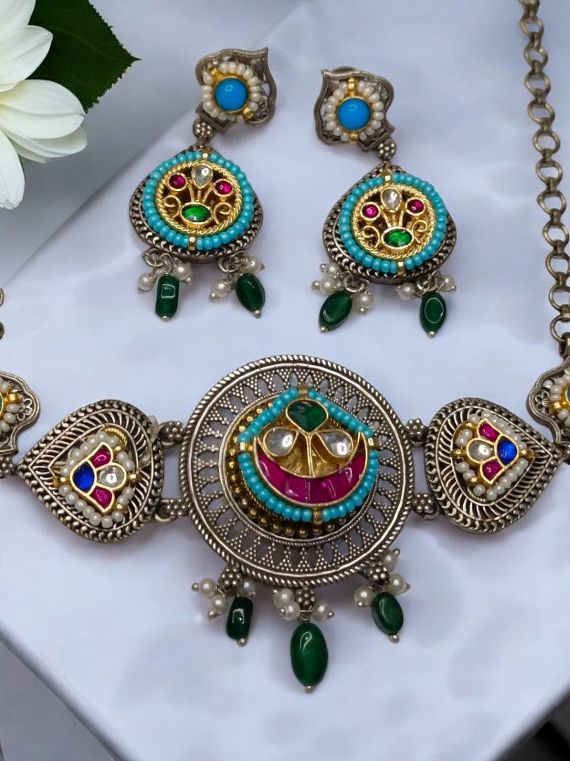SKY BLUE AANANDITA GERMAN SILVER JEWELLERY SET